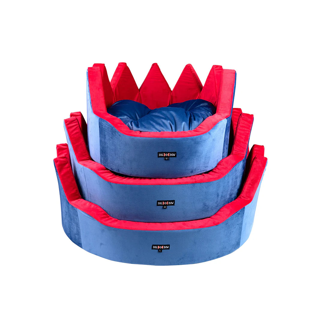Red and blue velvet pet bed with plush cushioning from Loom and Latch, featuring a cozy, soft design for pets.