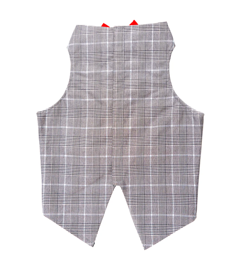 Grey check pet tuxedo by Loom and Latch featuring a formal outfit with easy Velcro closure for a comfortable fit.