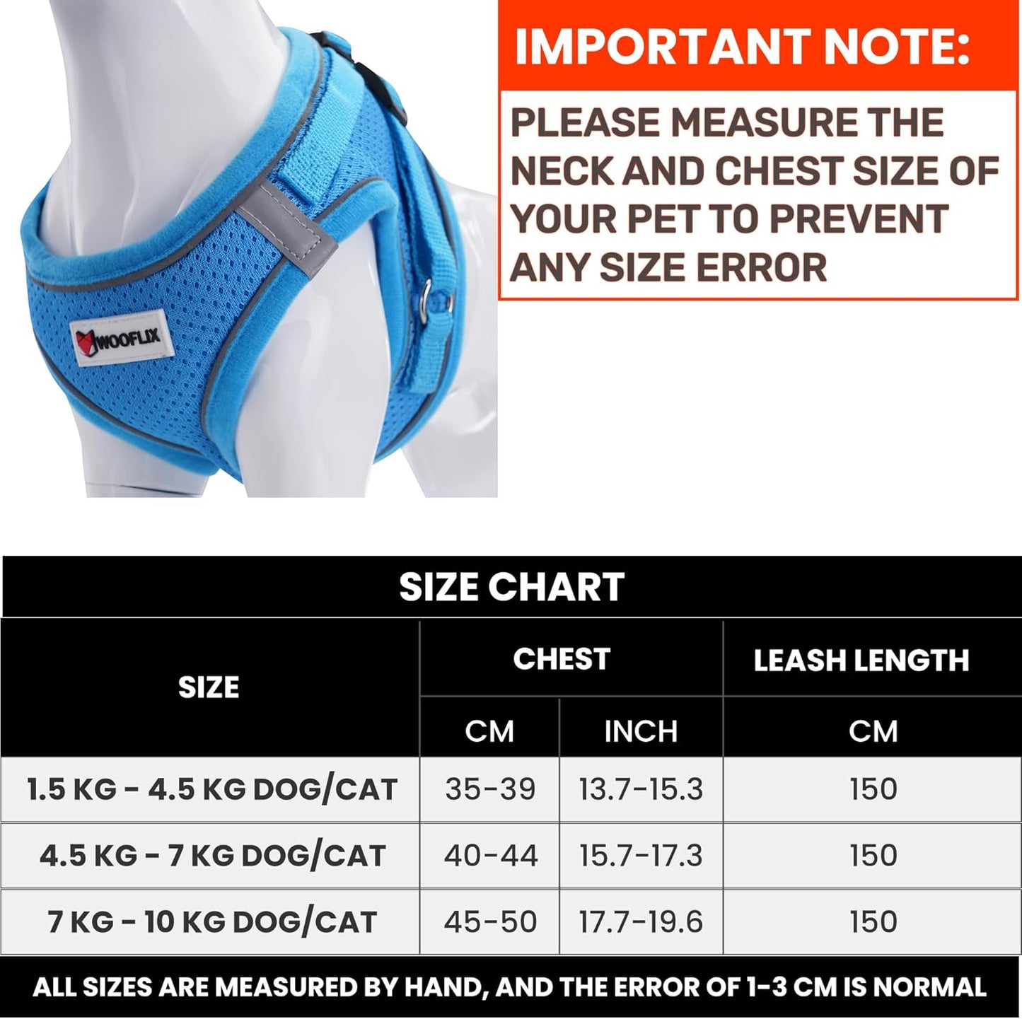 Reflective Soft-Padded Dog & Cat Harness + 5ft Leash Set (4.5–7 kg, Blue)