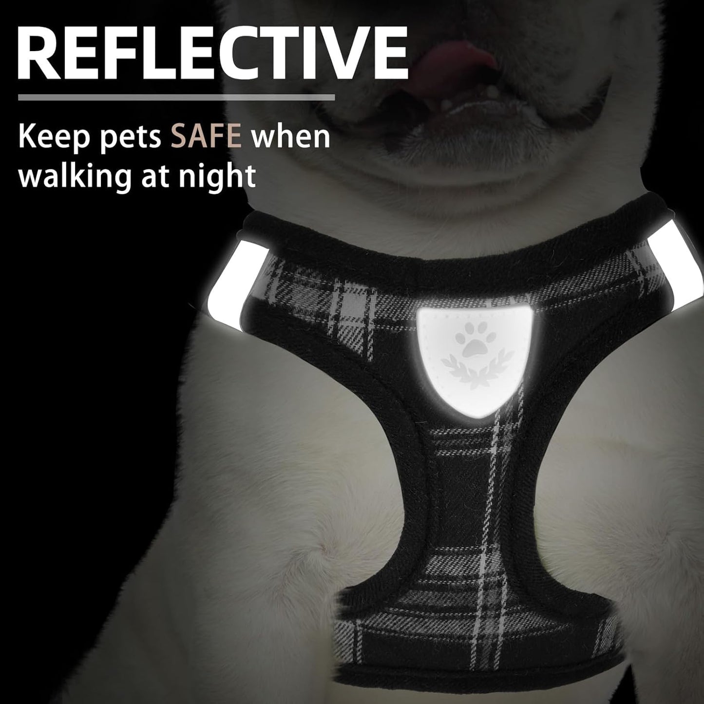 Reflective Mesh Harness, Collar + Leash Set (Size S, Chest 14.5–16 in, Black)