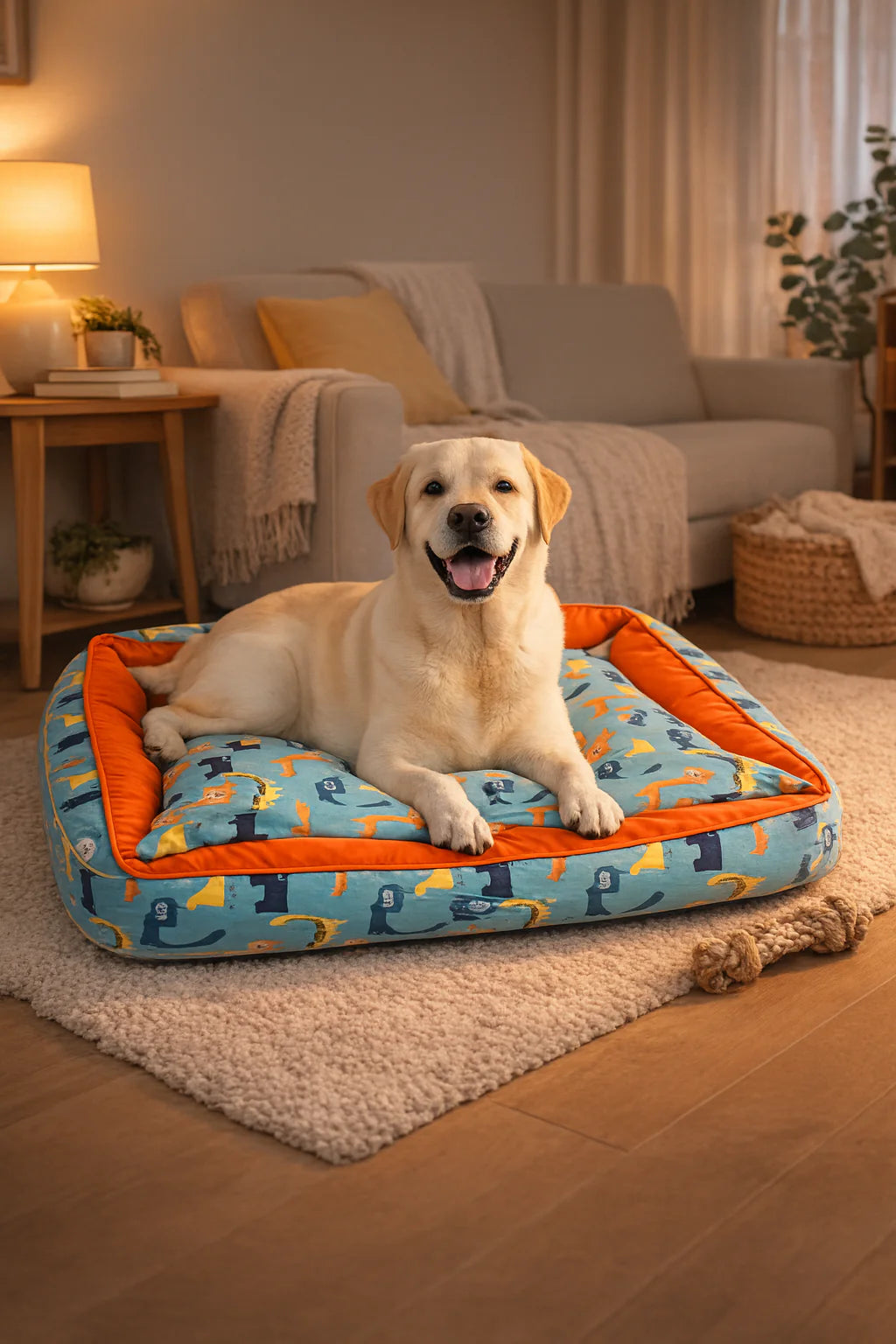Labrador resting on a teal rectangular Loom and Latch pet bed with soft, supportive cushioning for everyday comfort.