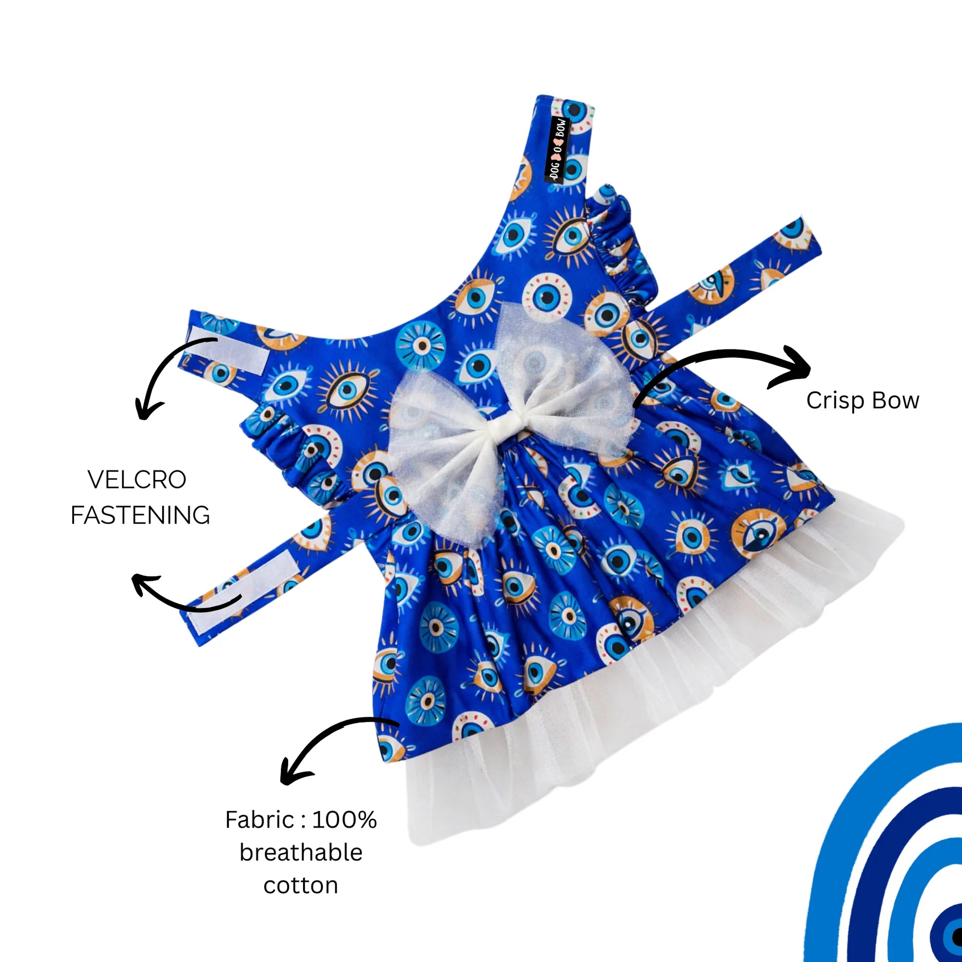 Loom and Latch evil eye dog dress made of soft cotton with secure velcro fit, featuring a vibrant evil eye design for pets.
