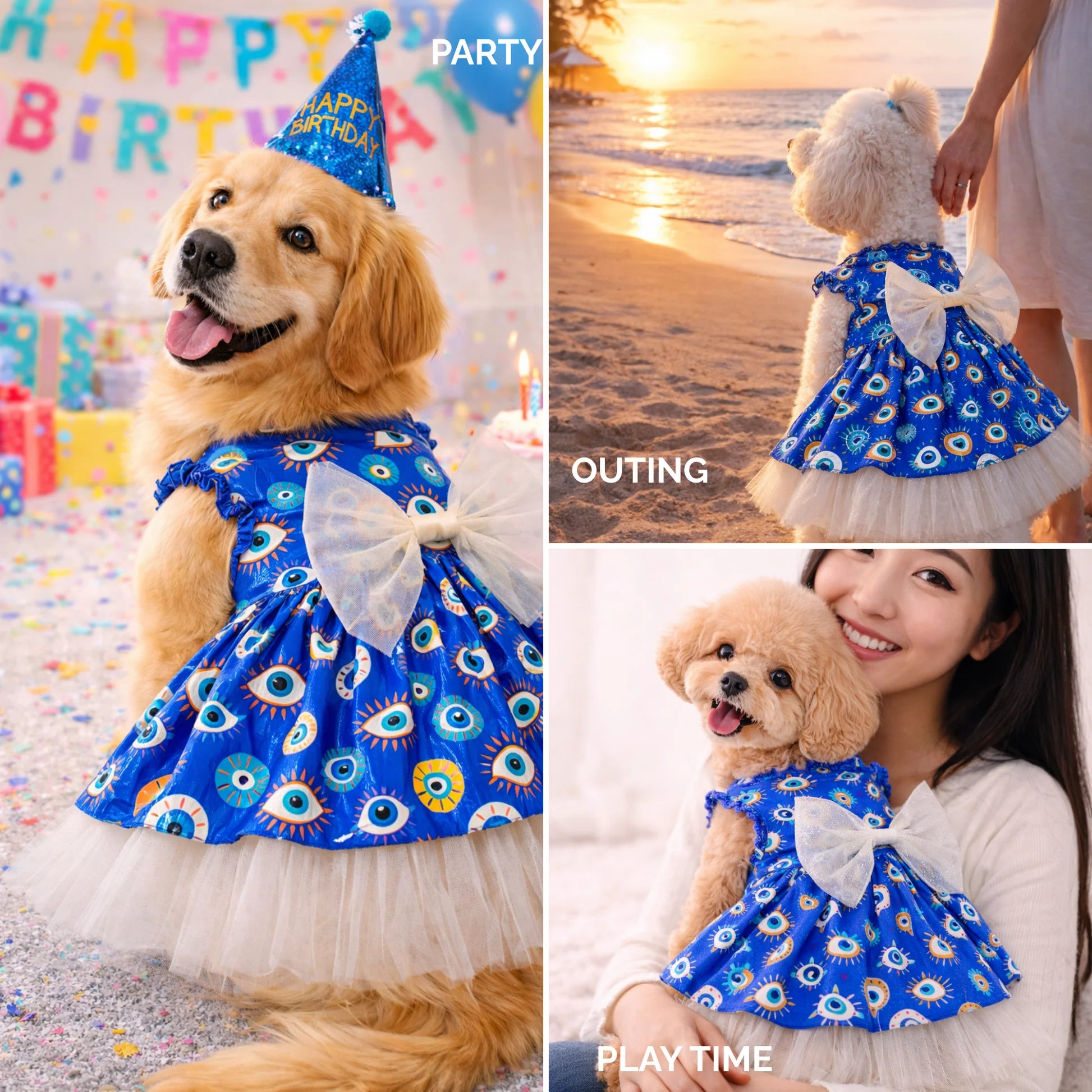 Evil Eye Dog Dress by Loom and Latch, soft cotton fabric with secure Velcro closure, designed for small dogs.