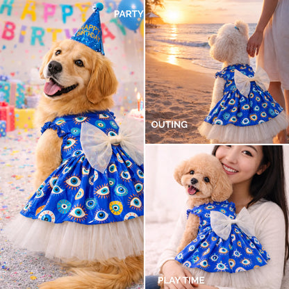 Evil Eye Dog Dress by Loom and Latch, soft cotton fabric with secure Velcro closure, designed for small dogs.