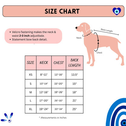 Loom and Latch Evil Eye dog dress made of soft cotton with secure Velcro fit, featuring an evil eye pattern on a comfortable pet outfit.