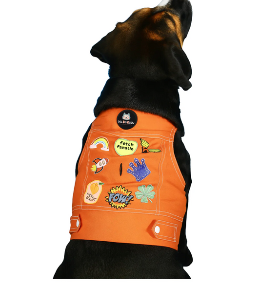 Orange denim pet jacket by Loom and Latch, lightweight and durable for everyday wear, shown on a small dog.