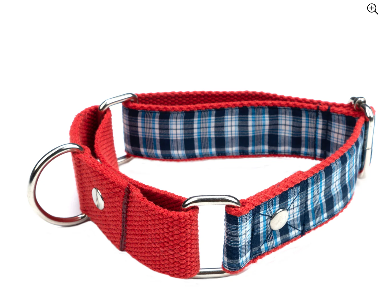 Blue check adjustable Martingale dog collar by Loom and Latch, featuring secure training design and durable fabric.