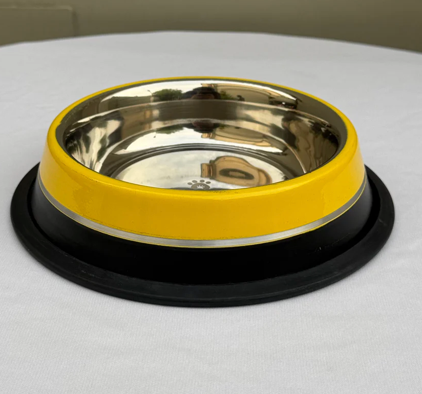 Loom and Latch anti-skid pet bowl in yellow with dual color design, suitable for dogs and cats, featuring a non-slip base.