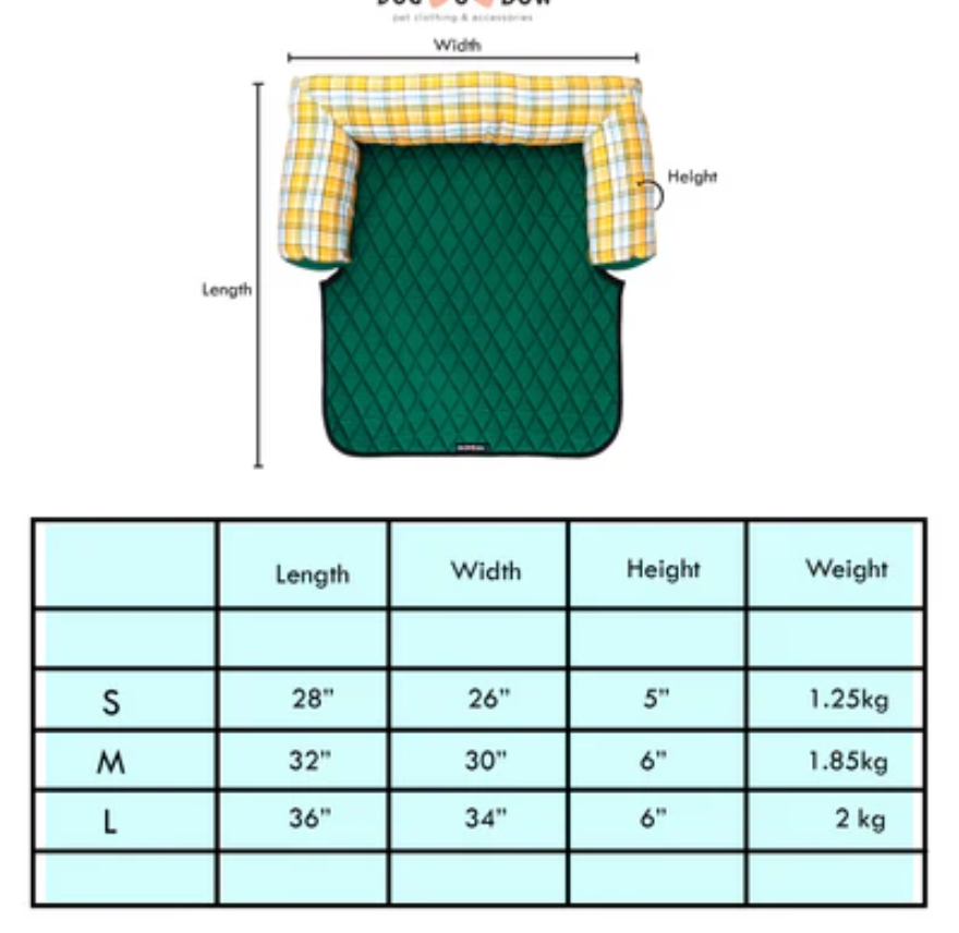 Red checkered Loom and Latch sofa pet bed with cushioned, comfortable lounge style for pets.