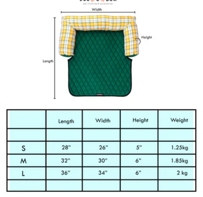 Red checkered Loom and Latch sofa pet bed with cushioned, comfortable lounge style for pets.