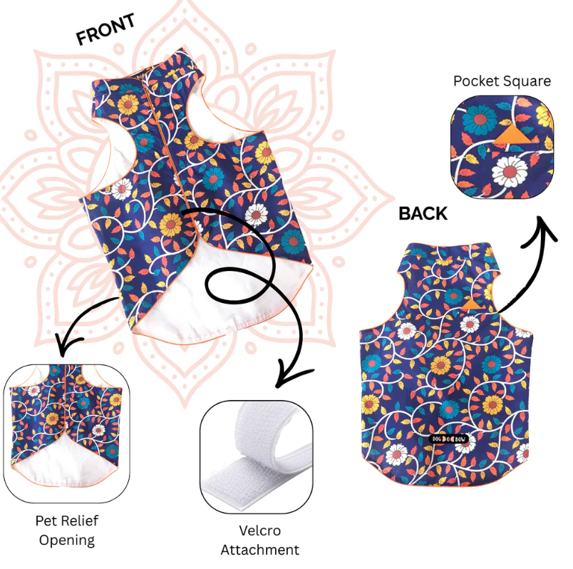 Royal blue floral pet sherwani by Loom and Latch, lightweight festive outfit with easy velcro fit, detailed floral design.