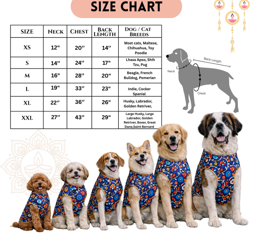 Royal blue floral pet Sherwani by Loom and Latch, lightweight festive outfit with easy Velcro fit, featuring intricate floral design.