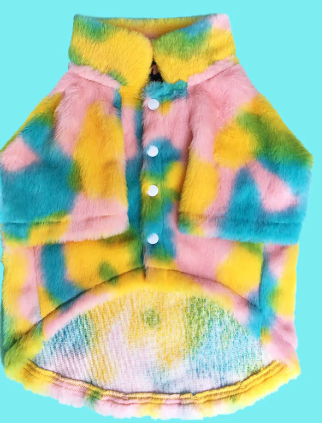 Rainbow fur pet jacket by Loom and Latch, soft and lightweight, showing vibrant rainbow colors and cozy fit for small dogs or cats.