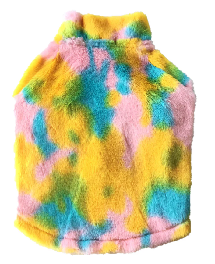 Rainbow fur pet jacket by Loom and Latch showing a soft, lightweight, colorful pet coat designed for everyday comfort.