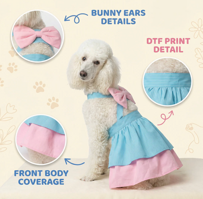 Blue floral dog dress by Loom and Latch, lightweight fabric with easy Velcro closure, perfect for comfortable pet fashion.