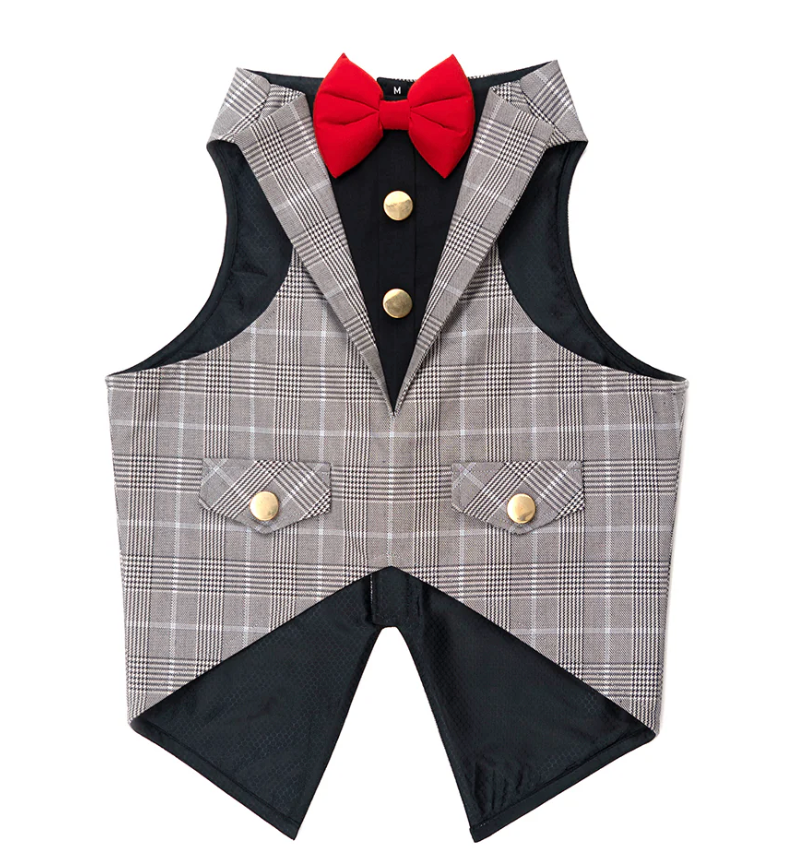 Grey check pet tuxedo from Loom and Latch featuring a formal outfit with easy Velcro closure for a comfortable fit.