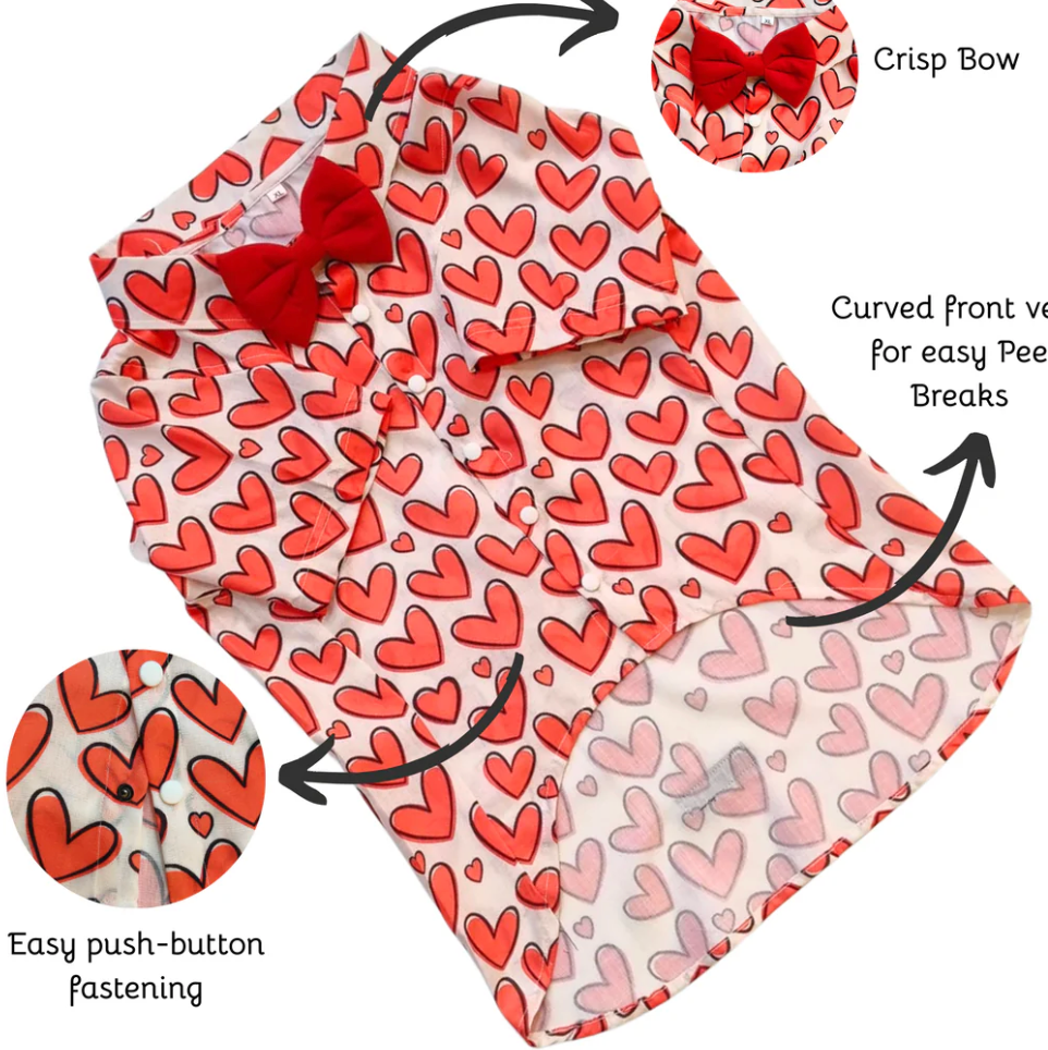 Red heart print dog shirt by Loom and Latch, lightweight and comfortable for everyday wear, shown on a small dog.