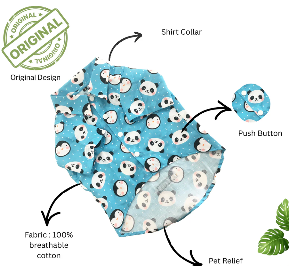 Blue Panda print dog shirt by Loom and Latch, lightweight and comfortable, shown on a small dog for everyday wear.