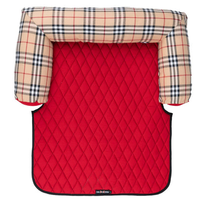 Red checkered Loom and Latch sofa-style pet bed with cushioned, comfortable lounge design for pets.