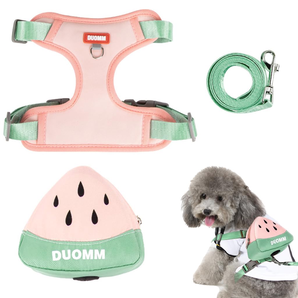 Adjustable Mesh Dog & Cat Harness Vest with Removable Zipper Pouch + Leash (Size M, Pink)