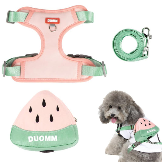 Adjustable Mesh Dog & Cat Harness Vest with Removable Zipper Pouch + Leash (Size M, Pink)