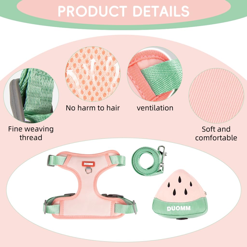 Adjustable Mesh Dog & Cat Harness Vest with Removable Zipper Pouch + Leash (Size M, Pink)