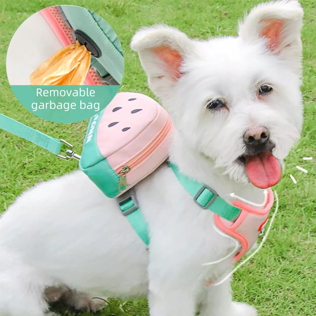 Adjustable Mesh Dog & Cat Harness Vest with Removable Zipper Pouch + Leash (Size M, Pink)