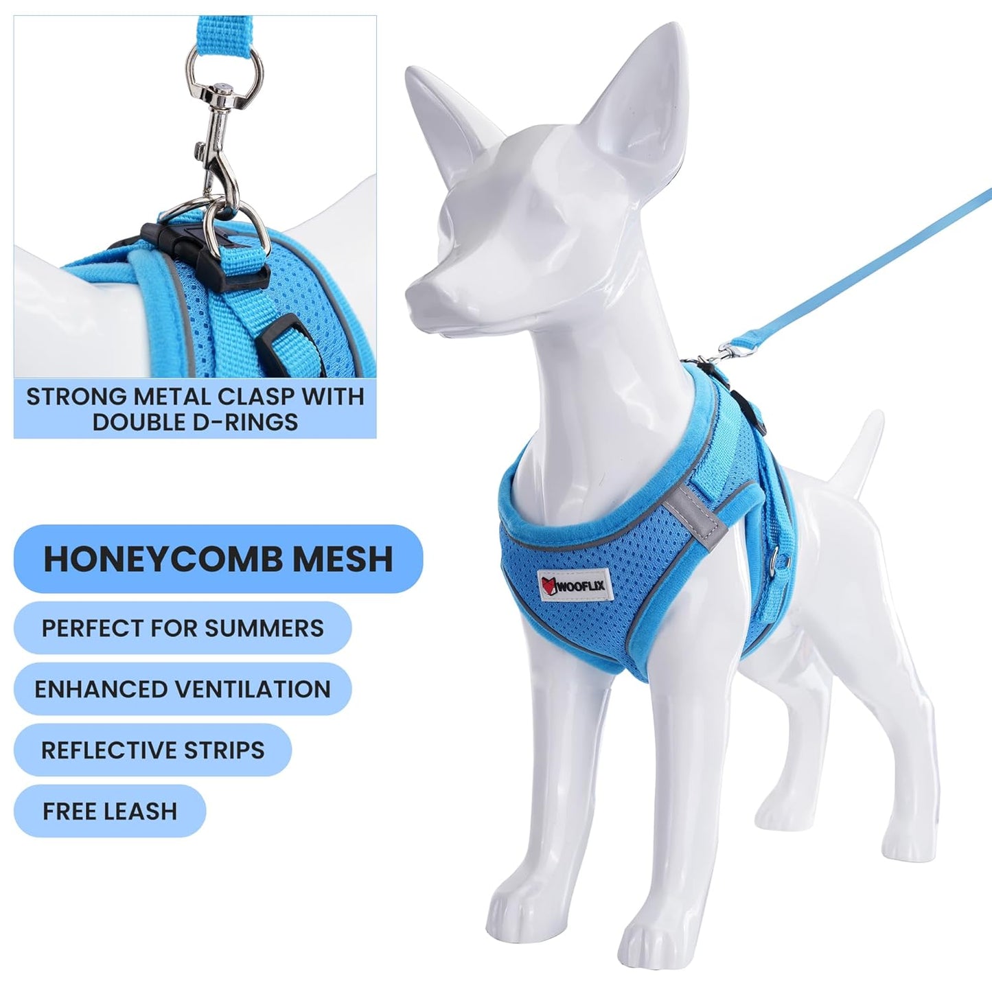 Reflective Soft-Padded Dog & Cat Harness + 5ft Leash Set (4.5–7 kg, Blue)