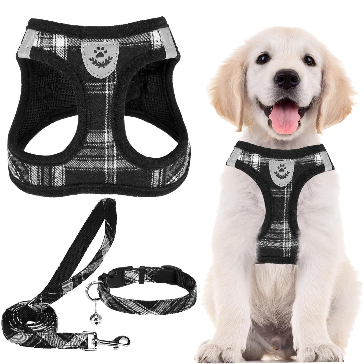 Reflective Mesh Harness, Collar + Leash Set (Size S, Chest 14.5–16 in, Black)