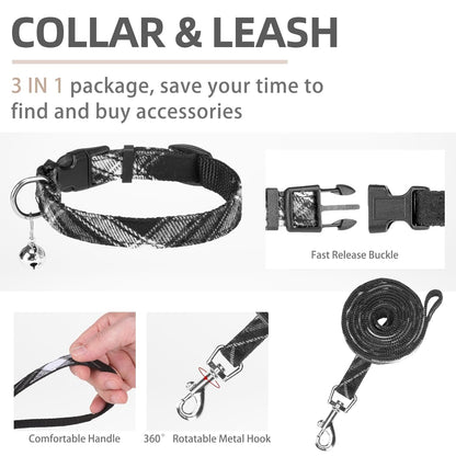 Reflective Mesh Harness, Collar + Leash Set (Size S, Chest 14.5–16 in, Black)