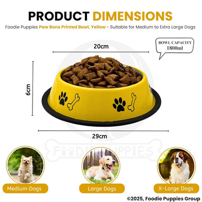 Paw & Bone Print Stainless Steel Pet Bowl with Non-Slip Rubber Base (1800 ml, Yellow)