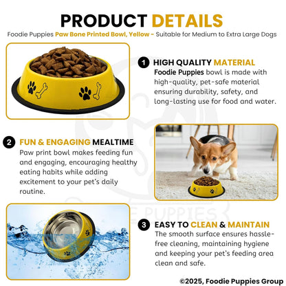 Paw & Bone Print Stainless Steel Pet Bowl with Non-Slip Rubber Base (1800 ml, Yellow)