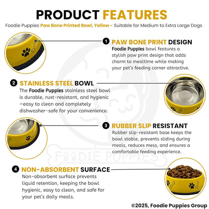 Paw & Bone Print Stainless Steel Pet Bowl with Non-Slip Rubber Base (1800 ml, Yellow)