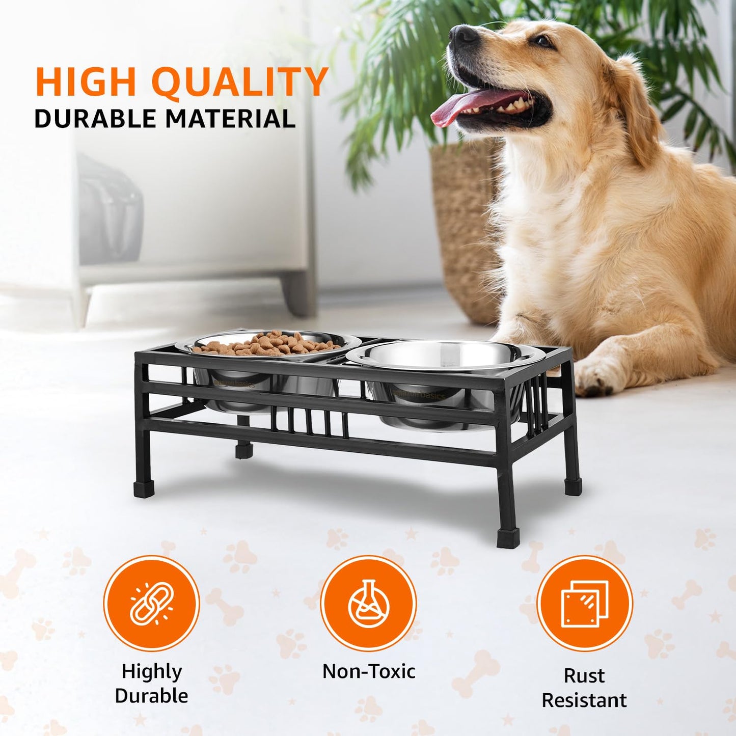 levated Double Diner Stand with 2 Stainless Steel Bowls (2 × 1600 ml, Black)