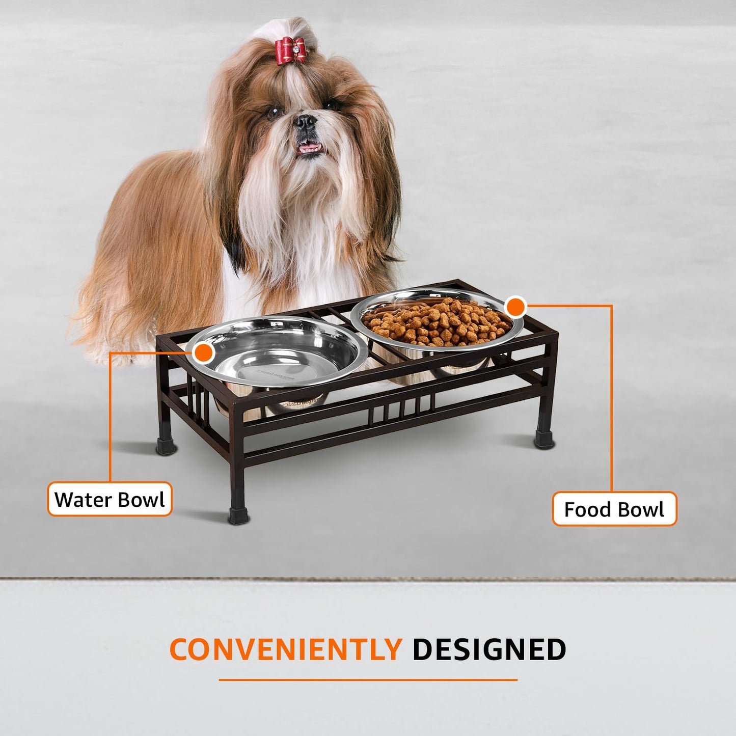 levated Double Diner Stand with 2 Stainless Steel Bowls (2 × 1600 ml, Black)