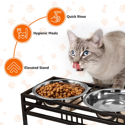 levated Double Diner Stand with 2 Stainless Steel Bowls (2 × 1600 ml, Black)