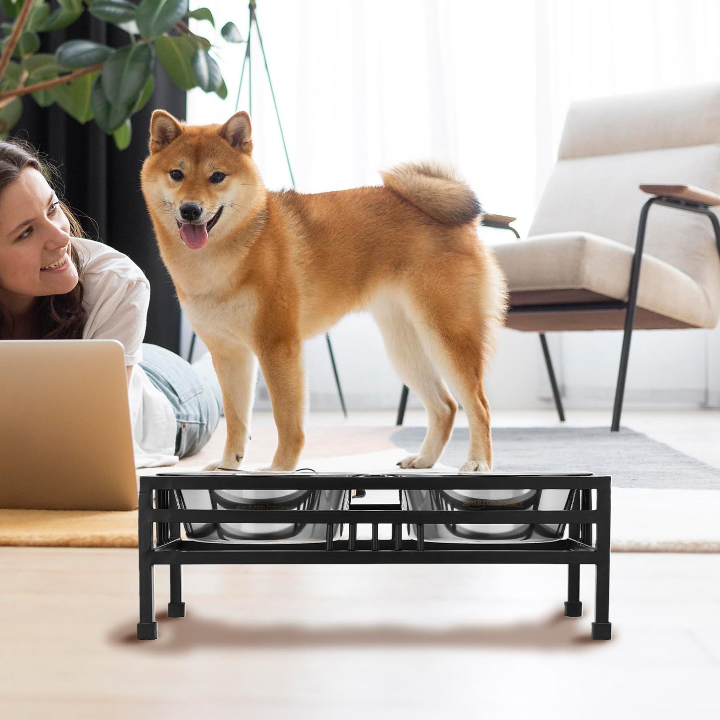 levated Double Diner Stand with 2 Stainless Steel Bowls (2 × 1600 ml, Black)