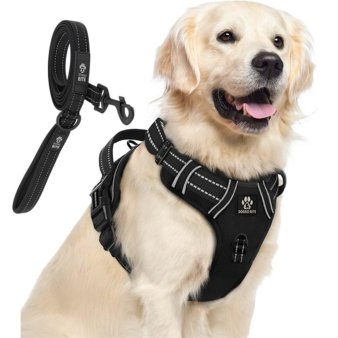 Reflective Heavy-Duty Dog Vest Harness + Leash Set (35–60 kg, Black)